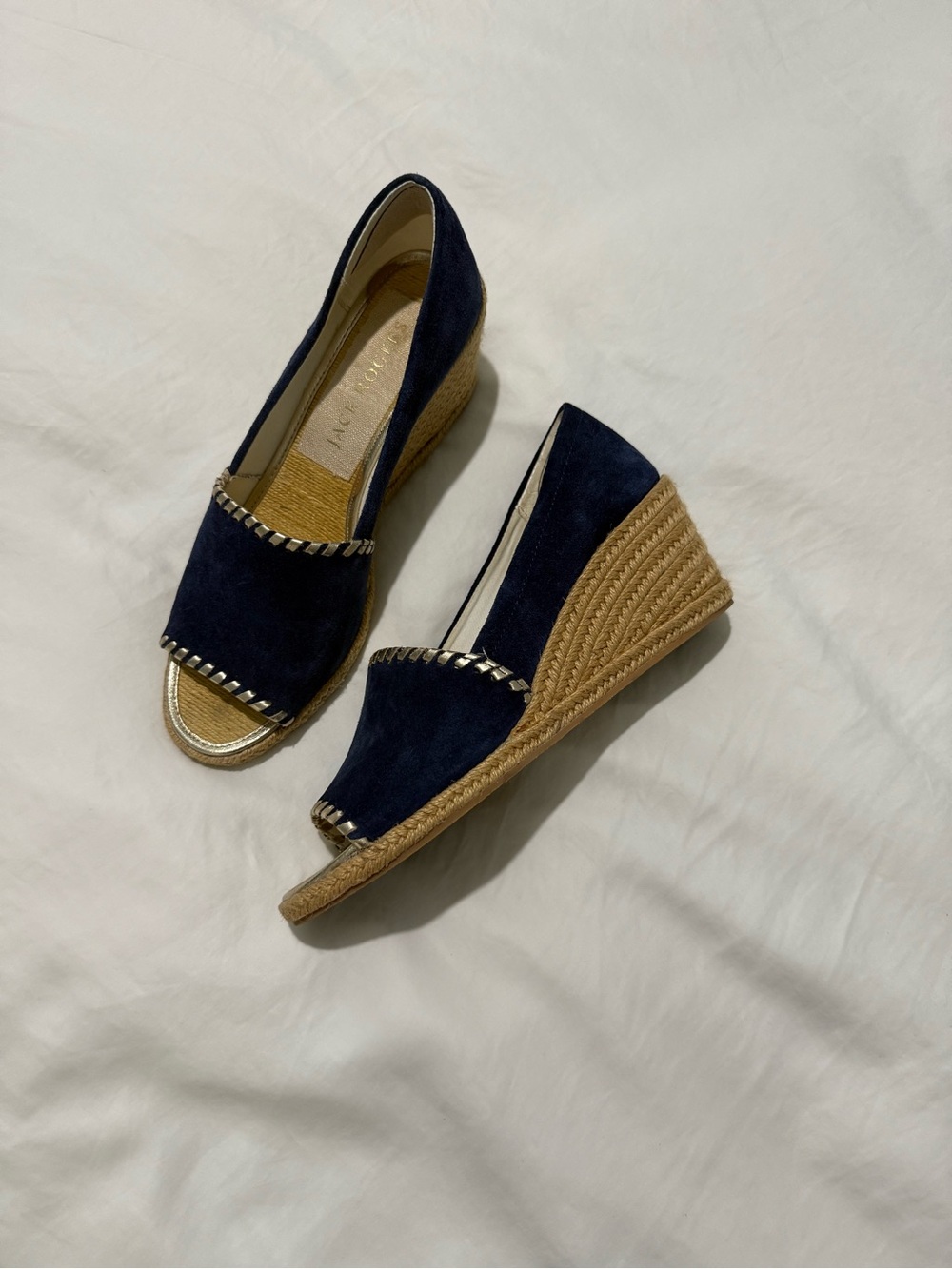 Jack Rogers Navy Suede Wedge Espadrille with Metallic Trim